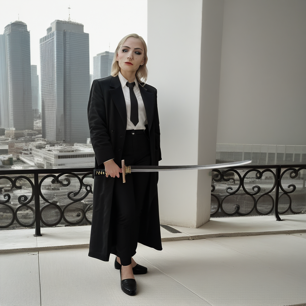 photo referenced,best quality, ultra high res, (photorealistic:1.4), masterpiece, score_9, score_8_up, score_7_up, photo, studio photo,(detailed face and eyes), studio lighting, model, realistic, Mission Impossible, Parischaracter, french, 1girl, solo, light skin, blonde hair, neutral face, pretty, makeup, beauty mark,  Black Jacket, Black coat, Black pants, dress shirt, tie, dress shoes, full-body view, standing, hold sword, katana, city background, looking at camera, highly detailed,