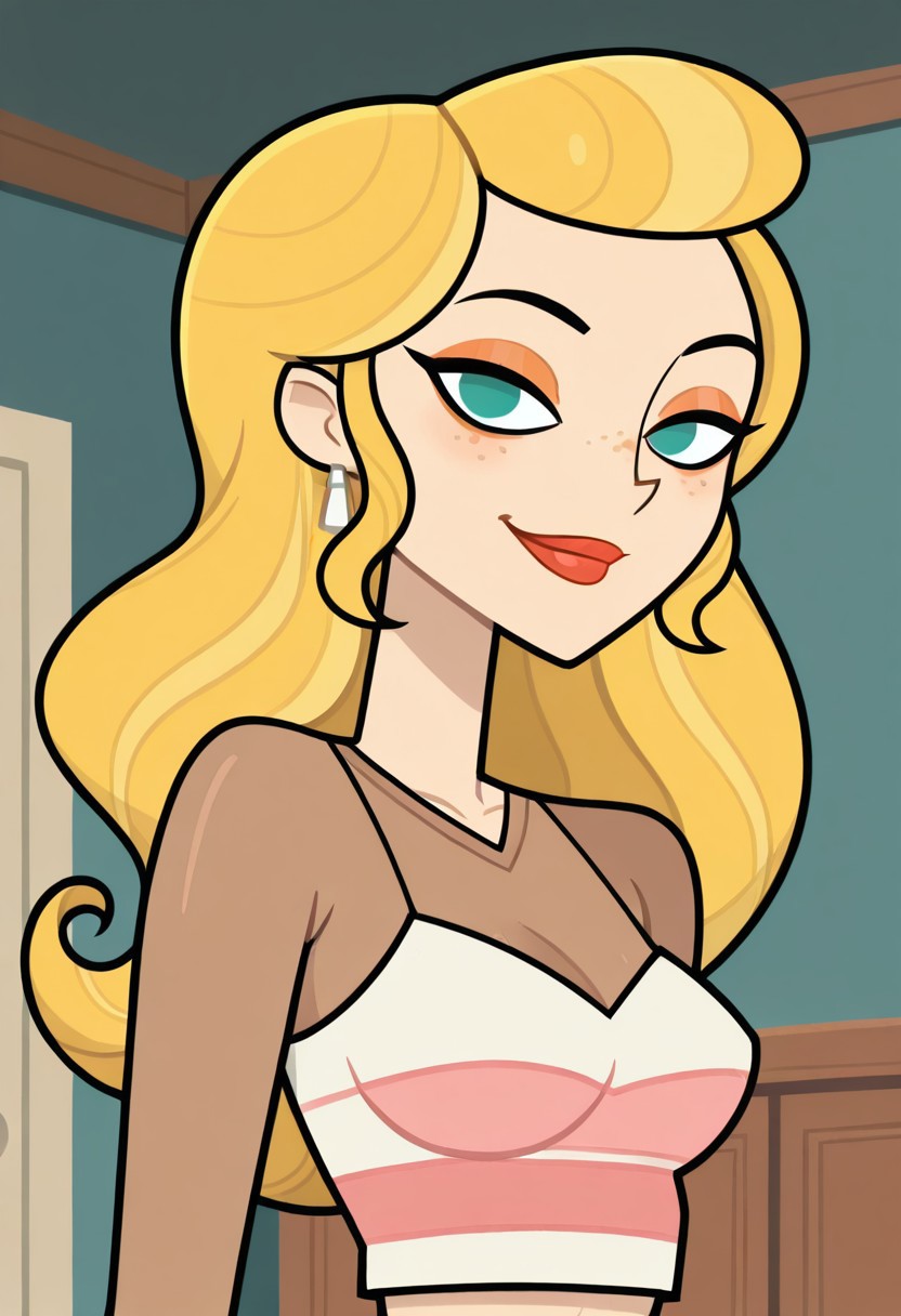 masterpiece,best quality,amazing quality, 1girl, solo, Anastasia_DC_IL, pale skin, turquoise eyes, blonde hair, long wavy hair, freckles, orange eyeshadow, red lips, white earrings, white and pink striped cropped tank top, under rose gold long sleeve crop top, looking at viewer, indoors, room background, (portrait) smile, standing, no pupils