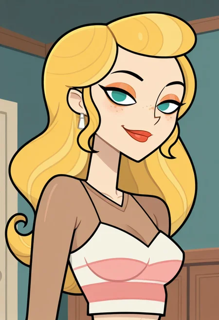 masterpiece,best quality,amazing quality, 1girl, solo, Anastasia_DC_IL, pale skin, turquoise eyes, blonde hair, long wavy hair, freckles, orange eyeshadow, red lips, white earrings, white and pink striped cropped tank top, under rose gold long sleeve crop top, looking at viewer, indoors, room background, (portrait) smile, standing, no pupils