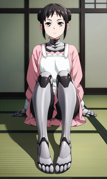score_9, score_8_up, score_7_up, source_anime, zPDXL2, 1girl BREAK
 <lora:mina:1> mina_wz, green eyes, eyelashes, black hair, double bun, hair bun, short hair, sidelocks, closed mouth, expressionless, android, pink dress, apron, white kappougi, black pantyhose, robot, mechanical parts, mechanical arms, BREAK
expressionless, sitting, indoors, tatami, feet up, feet focus, mechanical legs, looking at viewer, cowboy shot, <lora:sd_xl_dpo_lora_v1:1>