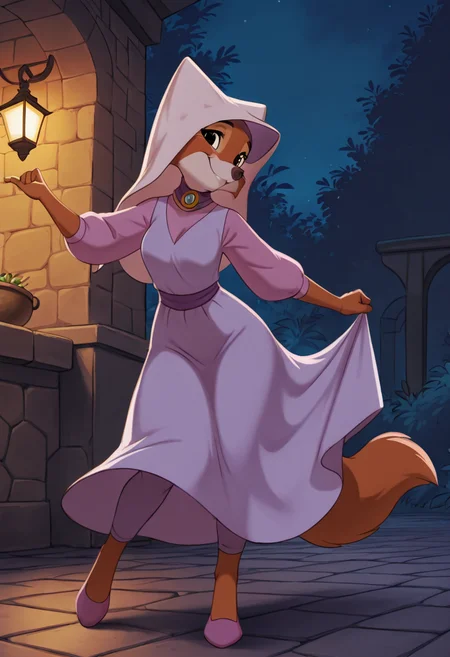 masterpiece, best quality,    <lora:MaidMarianDisney_IXL:1.0>,   zzMarian, brown eyes, furry female, body fur, two-tone fur, orange fur, white fur,   smile, dress, standing, tail, full body, pants, hood, night, veil, dancing  smile, looking at viewer,