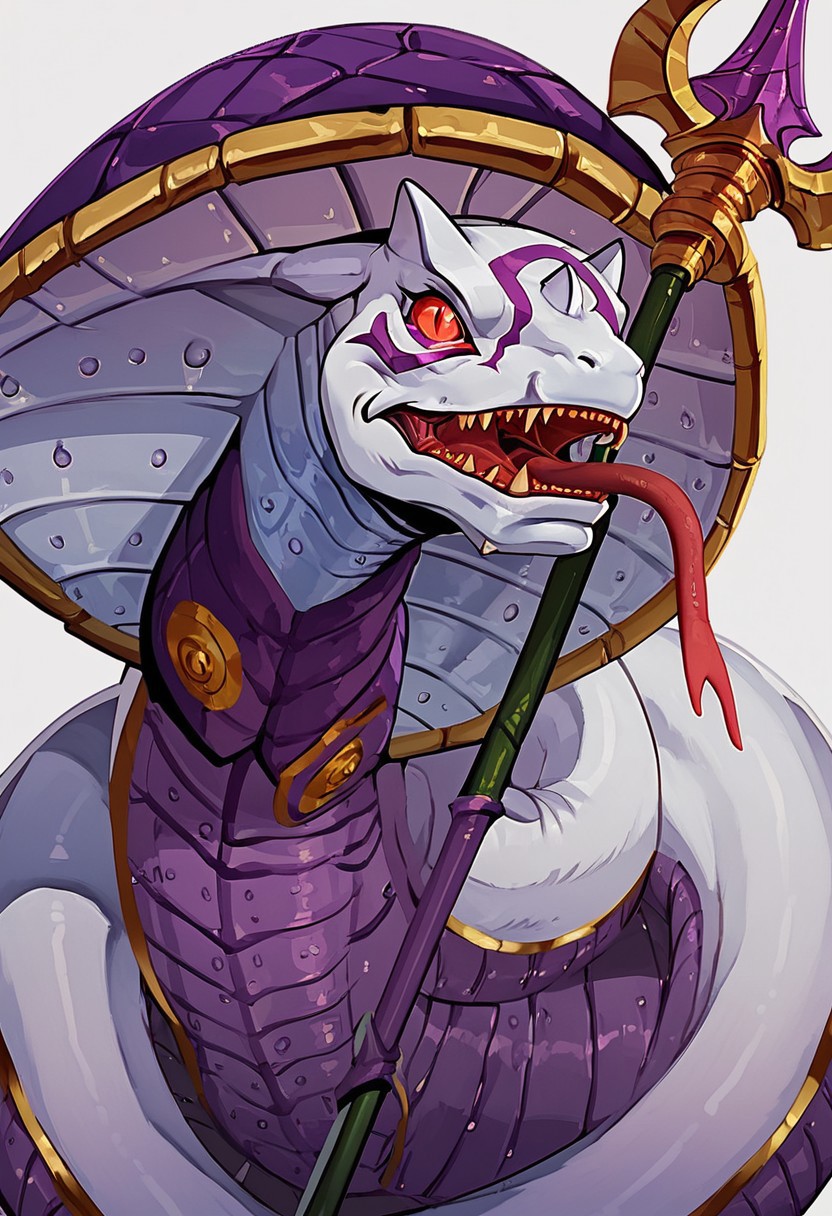 (score_9, score_8_up, score_7_up, score_6_up, score_5_up, score_4_up), dark lighting, (high quality), (high resolution), 4k, Sandiramon, monster, cobra, white skin, red eyes, three horns, purple shell, purple marks purple armor, gold trim, green chestplate, lance on tail