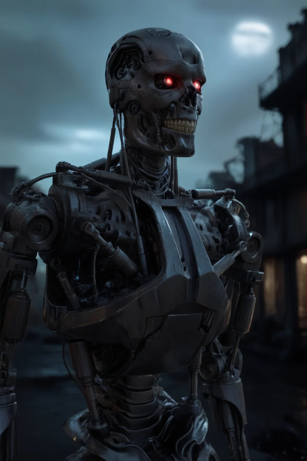 T800_Endo, Terminator robot, score_9, score_8_up, score_7_up, (source_IRL, source_movie), cinematic, realistic, masterpiece, high quality, highres RAW photo, ((upper body shot))
a T800_Endo Terminator Robot with red eyes, he is made of metal, <lora:T800_Endo_Terminator_Pony_v1-000019:1>
(standing)
in a destroyed apocalyptic city, dark cloudy skies, Apocalyptic Landscape, destroyed city
dynamic lighting, highly detailed, intricate details, shadows, dark, at night