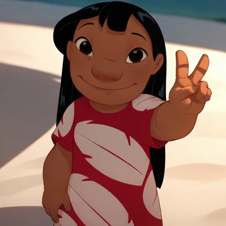 score_9, score_8, score_7, break, solo, lilo_pelekai, dark skin, black hair, long hair, black eyes, red dress, smile, looking at viewer, v, beach, sunlight, shadows, natural lighting