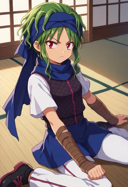 score_8, score_8_up, score_7_up, official art, 1girl, solo, Orochi_GF, Orochi_BW, red eyes, green hair, sidelocks, headband, purple headband, purple scarf, scarf, white shirt, black vest, vest, skirt, purple skirt, armwraps, white pants, skirt over pants, black shoes, frown, looking at viewer, indoors, shouji, japanese architecture, wooden floor