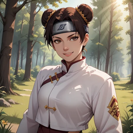 score_9, score_8, BREAK, dark brown hair, hair in twin buns, double buns, maroon loose high-waisted martial pants, curtain bangs, forehead protector, white shirt, black gloves, white chinese martial arts top, maroon sweatpants with side slits, brown eyes, sexy pose, self portrait, smile, outdoors, sunlight, shadows, evening lighting, natural lighting, forest, trees, grass, orange sky, sunset