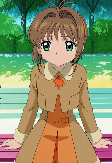 on-model, accurate art style, anime screencap, anime coloring, show accurate, cartoon screencap, movie accurate, official screencap, style parody, flat colors, official art, proper proportions, extremely detailed, newest, 2024, BREAK, 1girl, CCS_Sakura, kinomoto sakura, brown hair, short hair, bangs, antenna hair, hair intakes, green eyes, brown dress, long sleeves, fur trim, dress, orange hairband, sitting, enjoying the view, smiling, BREAK, detailed background, outdoors, park, midday, BREAK, POV, cowboy shot, BREAK, vibrant colors, cinematic lighting, 75% soft lighting, 25% dark lighting, cardcaptor sakura anime