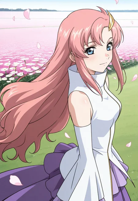 detailed eyes, beautiful, detailed background, perfect eyes,
source_anime, very aesthetic, anime coloring,
<lora:HandFineTuning_XL:1>
BREAK,
flower field, floating flower petals,
light smile, looking at viewer, cowboy shot, from side, looking at viewer,
BREAK,
<lora:lacus01_illustrious_v01:0.9>
lacusbase, pink hair, long hair, wavy hair, hair ornament, blue eyes, sidelocks ,
frilled sleeves, bare shoulders, very long hair, detached sleeves, purple skirt, long skirt,