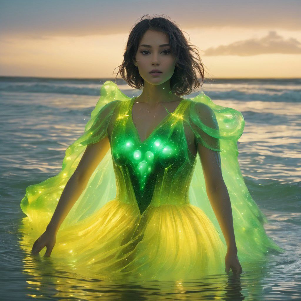 a fully clothed woman with a yellow and green bioluminescent dress in water