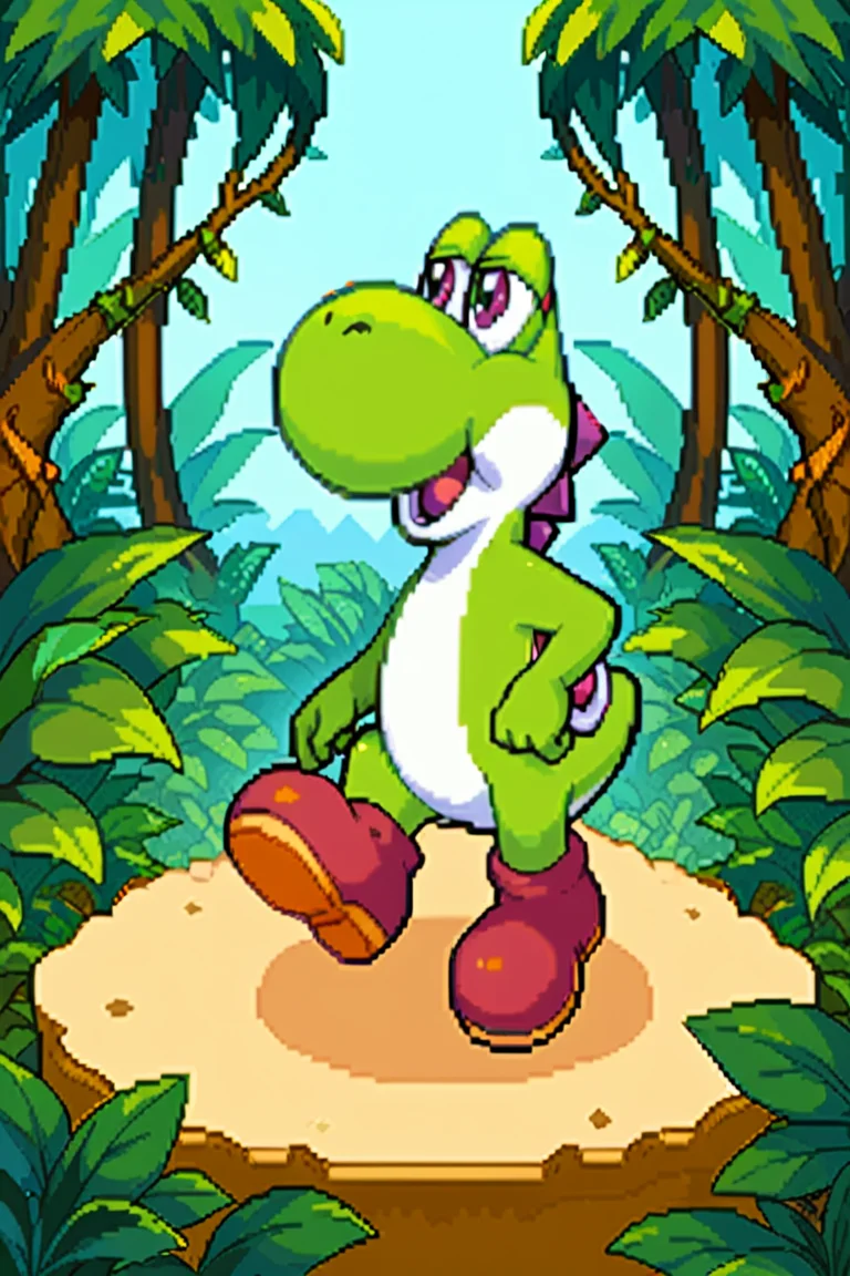 highres, high resolution, good quality, high quality,score_9, score_8, good anatomy, score_8_up, score_7_up, ((tetris attack style:1, pixel art:1, thick outlines:1, bold outlines:1)),  solo, no humans,, full body, male focus,1boy, yoshi, dynamic angle, yoshi from super mario, nature, trees, rocks, flowers, standing, walking, serious, explorer hat, bushes, ((jungle, dense jungle))
