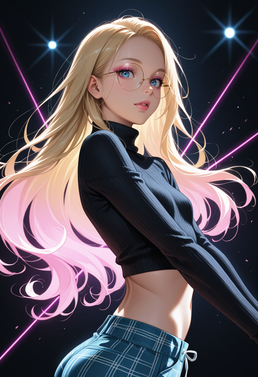 depth of field, focused subject, ((dynamic angle)), sexy pose, best quality, detailed eyes, perfect eyes, realistic eyes, 
blonde hair, pink highlights, loose curls, long hair, blue eyes, ((full lips)), (mascara), pink makeup, (round glasses), 
slim body, small ass, small breast, 
(black turtleneck sweater), cropped sweater, 
(blue plaid shorts), 
BREAK, 
dynamic pose, 
movie perspective, black background, neon lines, neon circles, neon light, abstract background, dark background, ((dynamic lights))