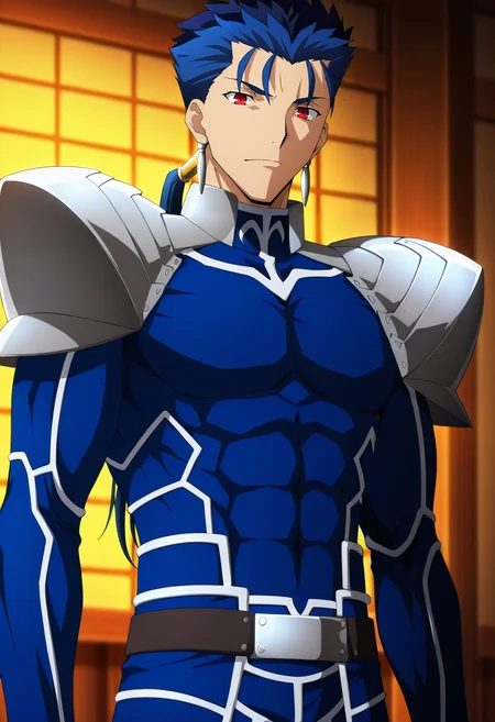 masterpiece, best quality, , anime screencap, anime coloring, official style, , 1boy, solo, male focus, <lora:lancer_fsn_ilxl:0.9>, lancer_fsn, cu chulainn \(fate\), fate/stay night, blue hair, red eyes, long hair, ponytail, spiked hair, , armor, shoulder armor, pauldrons, , , firefighter costume