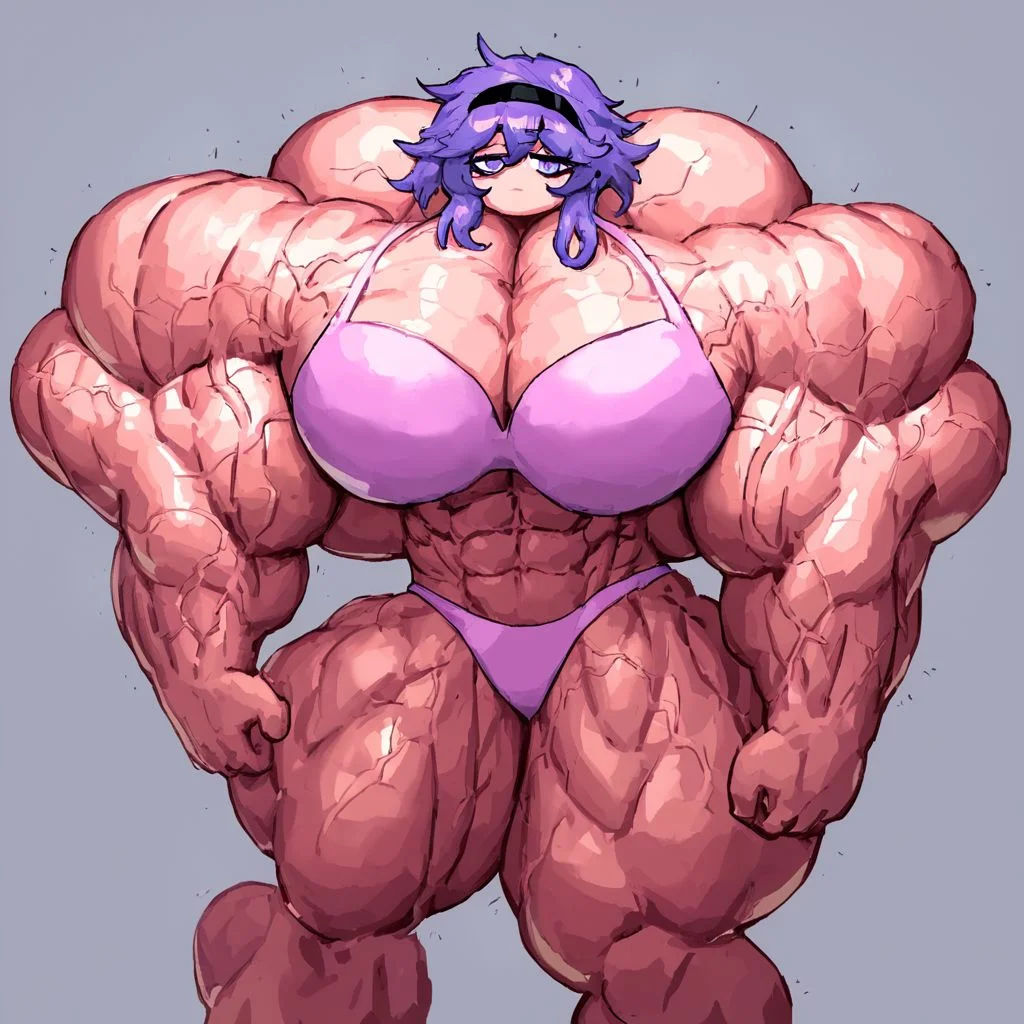 Satori komeiji, long eyelashes, black hairband, light purple hair, medium hair, veins, purple eyes, masterpiece, frayed hair, messy hair, tired, bags under eyes, muscular_female, pink bra, pink panties, close up, perfectly detailed face body and eyes, Hyper_muscles1, very muscular, large pectorals, score_9, score_8_up, score_8, single view, verybadimagenegative_v1.3