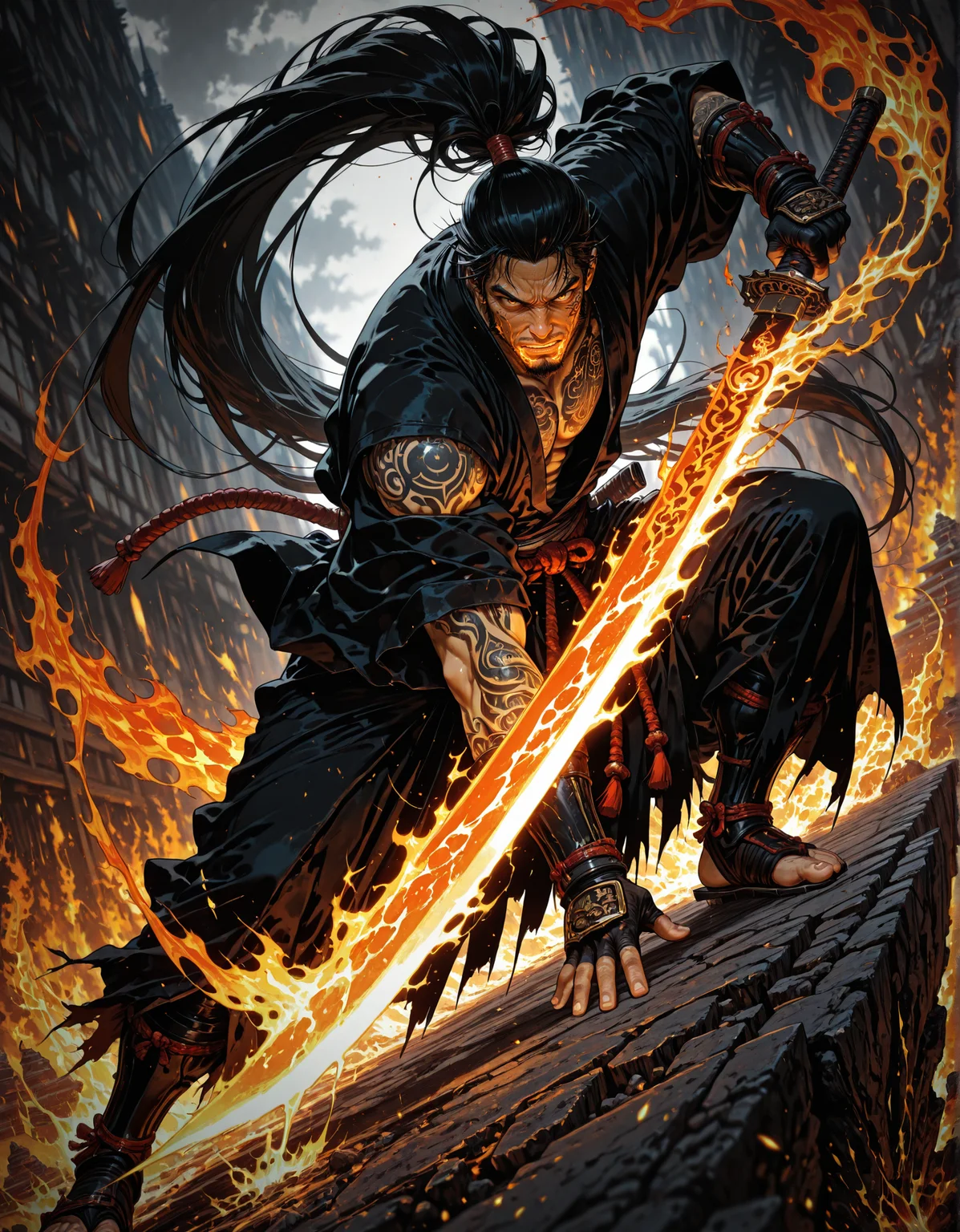 masterpiece, best quality,high quality, newest, highres,8K,HDR,absurdres, 1boy, solo, samurai man, goatee, very long hair, ponytail hairstyle, mix of grey and black hair, tattoo on forearm, black kimono, holding one flaming sword, fire magic
, dynamic pose, intense lighting, detailed background, depth of field, dynamic composition, detailed background, dynamic pose, dynamic composition,dutch angle, detailed backgroud,blurry edges
<lora:iLLMythM4gicalL1nes:1> M4gicalL1nes