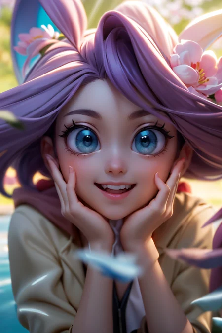 , (best quality, masterpiece, colorful, highest detailed), dynamic pose, pose <lora:backlight_slider_v10:-1> <lora:eye_size_slider_v1:3>, ((((light rays)))), lens flare,
a cartoon character with big eyes, round eyes, messy hair, curly hair, with a trench coat and a scarf on her head, wearing a trench coat and a scarf around her neck, hands on own cheeks, smile, Artgerm, trending on artstation, closed mouth,
architecture, bird, boat, branch, bridge, cherry blossoms, east asian architecture, falling petals, flower, hanami, in tree, outdoors, pagoda, path, petals, petals on liquid, pink flower, plum blossoms, pond, river, scenery, sitting, s spring \(season\), tree, tube, water, wind, wisteria,
(ultra-detailed body), (beautiful background:1.3), (intricate details), (dynamic angle)