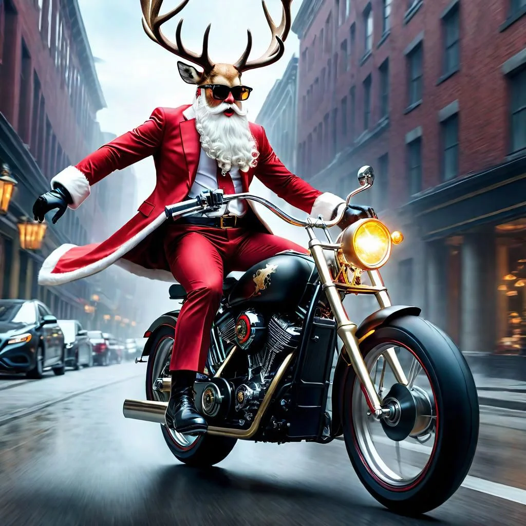 Epic mastepiece action picture of ((Santa)) dressed in a business suit with sunglasses riding a ( custom bike with a demonic deer skull on the front wheel top) , cinematic lighting, dramatic lighting, masterpiece, UHD, HDR, 8K, highly detailed,