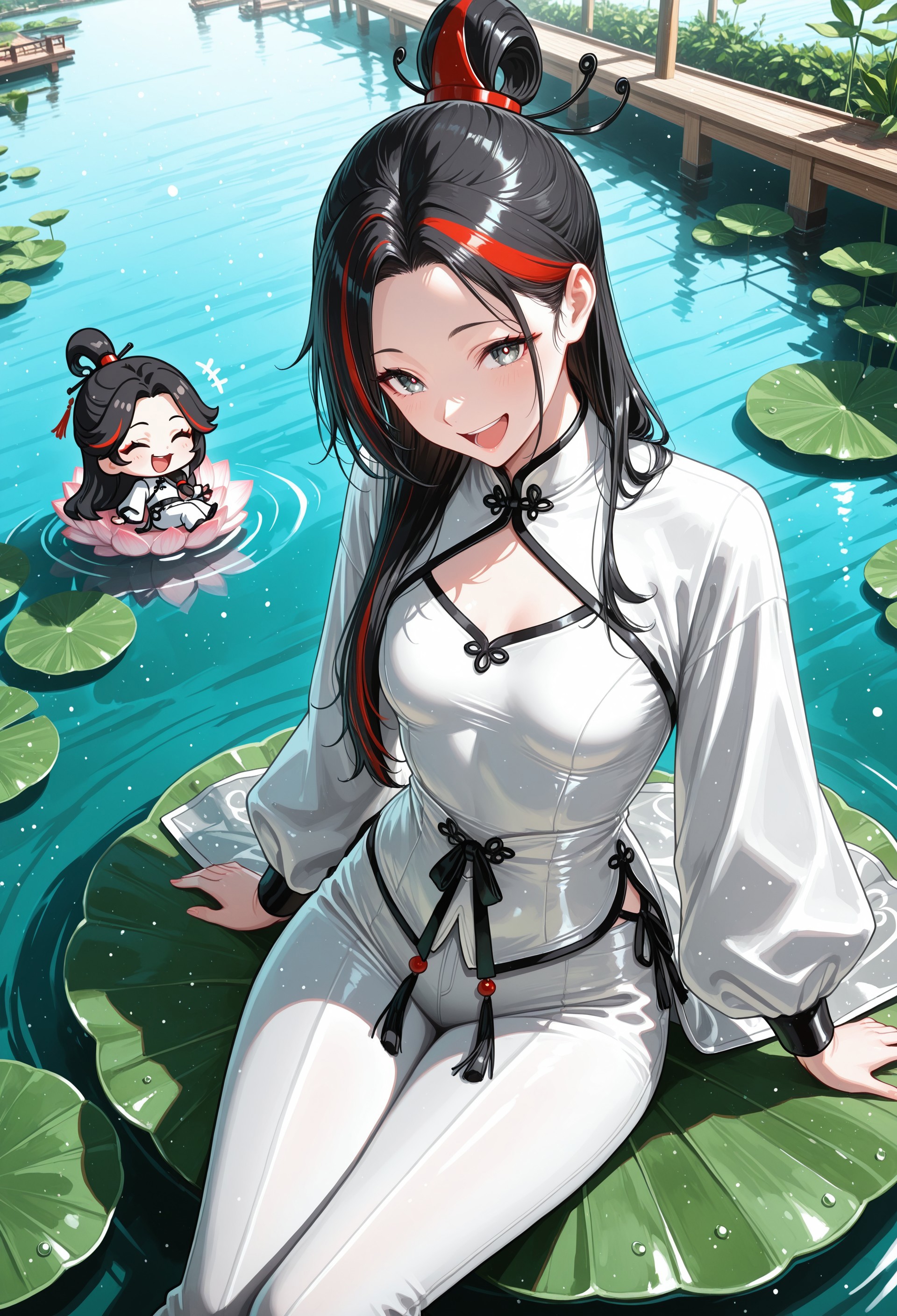 (diorama:1.1), (chibi:1.2), colorful background, detailed background,detailed props, dock, lotus pond, lotus flower,

(1 girl, sitting, look at viewer, laughing shily, chibi lying on lotus leaf), (white ao dai, satin white pants), ((great anatomy, correct anatomy, akariL, black hair, long hair, tied hair, hair over shoulder,  red_streaked_hair, greenish_grey_pupils, red_iris, small breasts)), 

immersive view, dynamic angle, dynamic pose,   

((masterpiece, absurdres, newest, best quality, visual impact)), (perfect quality, best quality, absolutely eye-catching), 4K, detailed facial features, detailed clothing features, detailed texture, (illustration, absolutely eye-catching, ambient occlusion, raytracing, photorealism, very highly detailed), 