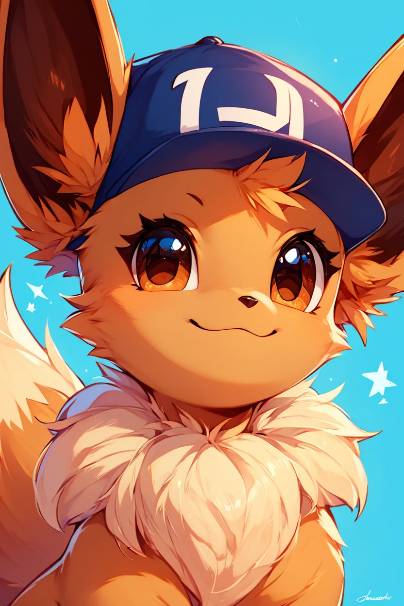 score_9, score_8_up, score_8, ,,, zzEV, looking at viewer, smile, hat, brown eyes, closed mouth, upper body, :3, blue background, happy, baseball cap, <lora:EeveePokedexPDXL:1.0>, ,,, embedding:zPDXL, Expressiveh, <lora:CatalystStylePDXL:0.6>, <lora:SDXLFaeTastic2400:0.5>, <lora:Expressive_H-000001:0.4>,