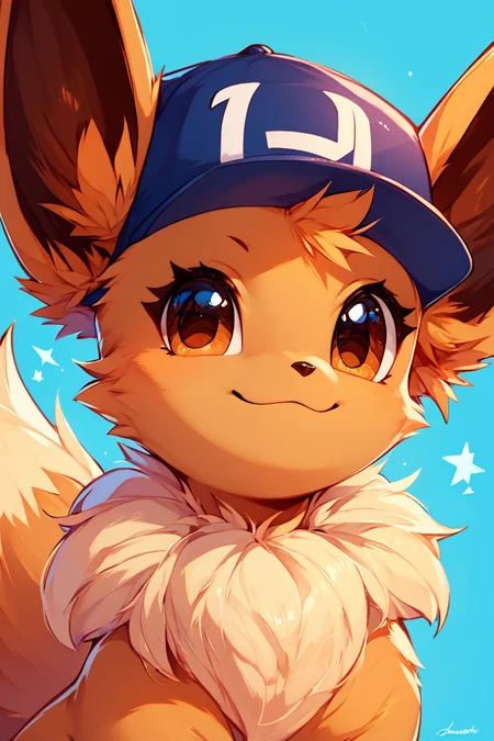 score_9, score_8_up, score_8, ,,, zzEV, looking at viewer, smile, hat, brown eyes, closed mouth, upper body, :3, blue background, happy, baseball cap, <lora:EeveePokedexPDXL:1.0>, ,,, embedding:zPDXL, Expressiveh, <lora:CatalystStylePDXL:0.6>, <lora:SDXLFaeTastic2400:0.5>, <lora:Expressive_H-000001:0.4>,