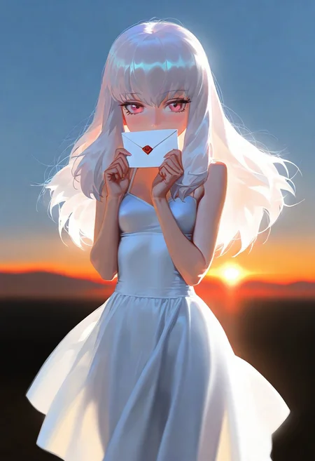 1girl, lysithea von ordelia, red sunrise, holding letter to lips, white sundress, , depth of field, rim lighting, chiaroscuro, masterpiece, best quality, nyalia, small breasts, petite, outdoors, early morning,, sun shining through dress,