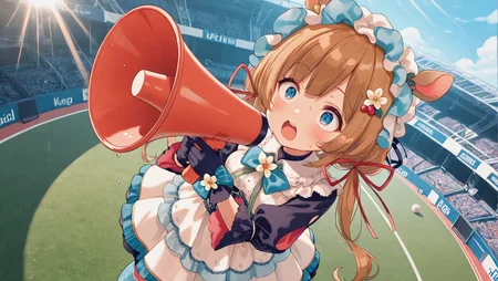 1girl, solo, face, standing, from above, (looking up:1.2), dutch angle,
surprised, wide-eyed, open mouth,
holding red megaphone,
keep the megaphone close to mouth,
shouting with megaphone,
sweat, sweat drop,
audience, crowd,
<lora:niji-eli:1> nijieli,small breasts,blue eyes,brown hair,animal ears,deer ears,long hair,low twintails,red ribbon,, nijielicos,white shirt,frilled shirt,blue bowtie,black sleeves,puffy sleeves,corset,white skirt,frilled skirt,layered skirt,long skirt,white flower,asymmetrical pantyhose,two-tone pantyhose,split-color pantyhose,blue and red pantyhose,headdress,black gloves,,
(baseball stadium:1.2), mound, day time, sunny day, sun, light rays,, masterpiece,best quality,amazing quality,
detailed, high_detail, high resolution, 4K,HDR,high detailed, ultra detailed, high res, amazing quality,very aesthetic, absurdres absolutely resolution, newest, texture, elaborate background,, <lora:illustriousXLv01_stabilizer_v1.164:0.4>
<lora:add-detail-xl:1.5> <lora:Detail-Enhancer-v1.0:1>