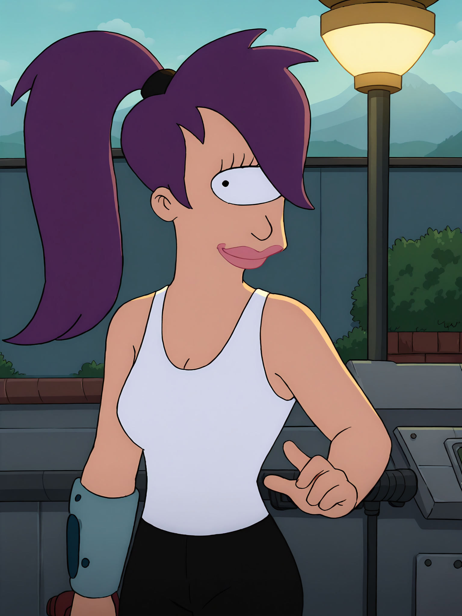 leela, 1girl, purple hair, one-eyed, cyclops, ponytail, long hair, solo, white tank top, black pants,smile,  lipstick <lora:LeelaPony1.2_r2:1>,(looking at viewer:1.2), cowboy shot, upper body,   city, science fiction, score_9, score_8_up, score_7_up, score_6_up, score_5_up, score_4_up
