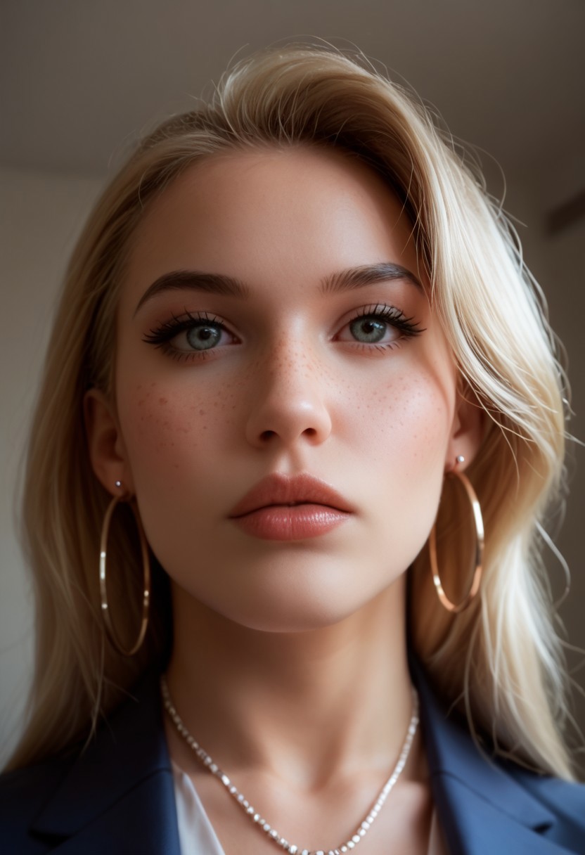 score_9, score_8_up, score_7_up, score_6_up, 1girl playful, mouth slightly open, ((perfecteyes)), (close up shot), ((face shot)), (facial photo), a bright meeting room, blonde hair, long intricate hair, pale skin, freckles, face focus, very large fake breasts, round tits, natural skin, blazer, ((pencil skirt)), necklace, jewelry, hoop earrings, rings, legs crossed, very tall white high heels, low light, seductive, supermodel, gorgeous, depth of field, shadows, dramatic lighting,  candid, perfect eyes, fluorescent lighting, natural light, light particles,
