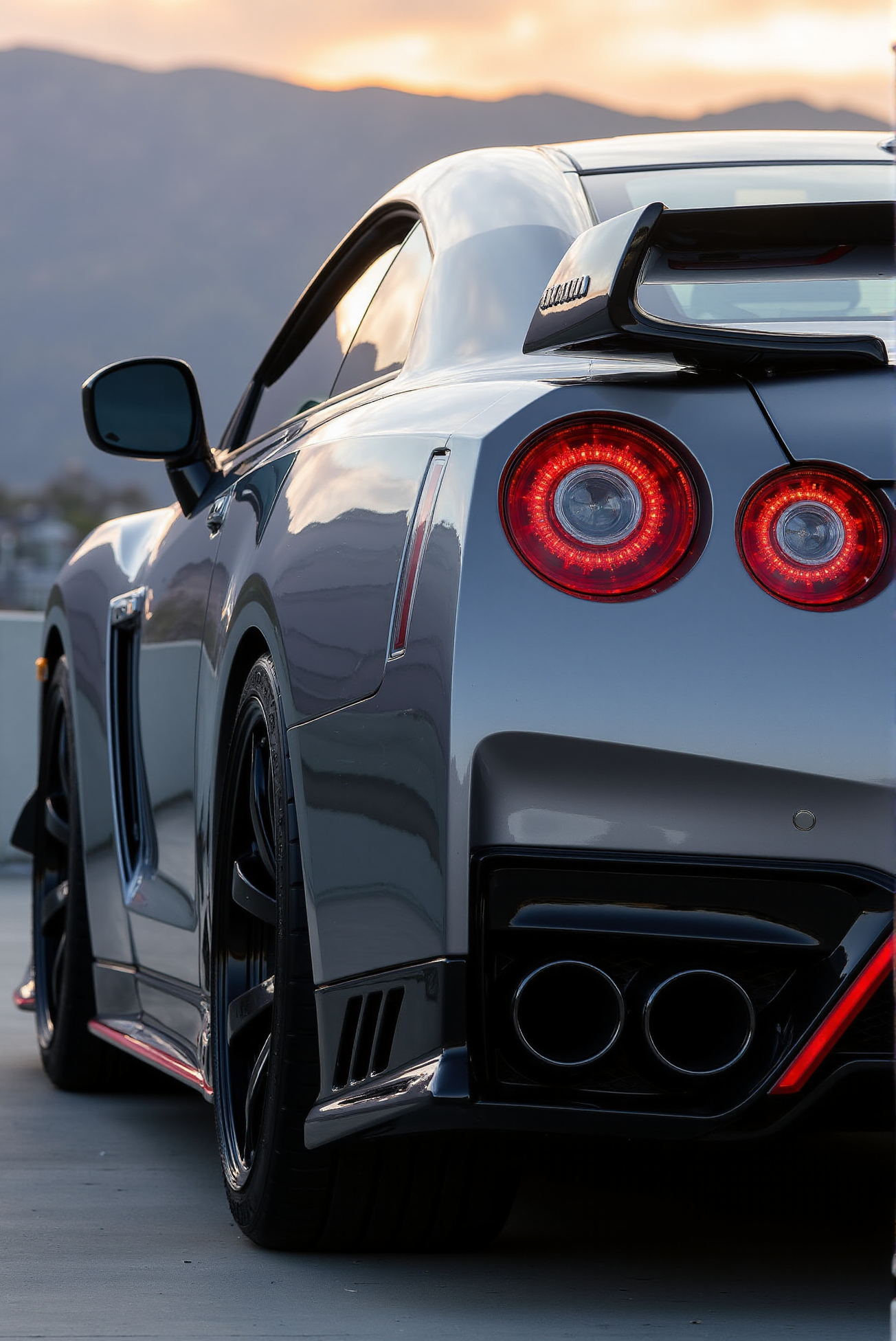 <lora:Nissan_GT-R_R35:0.7>  A from a side view of a gorgeous Nissan GT-R R35 in all its shining glory. In a style of clean look. The car has ashen paint job with dark gray undertone. Mirror-like, high gloss finish catches bright highlights. Vibrant color palette.