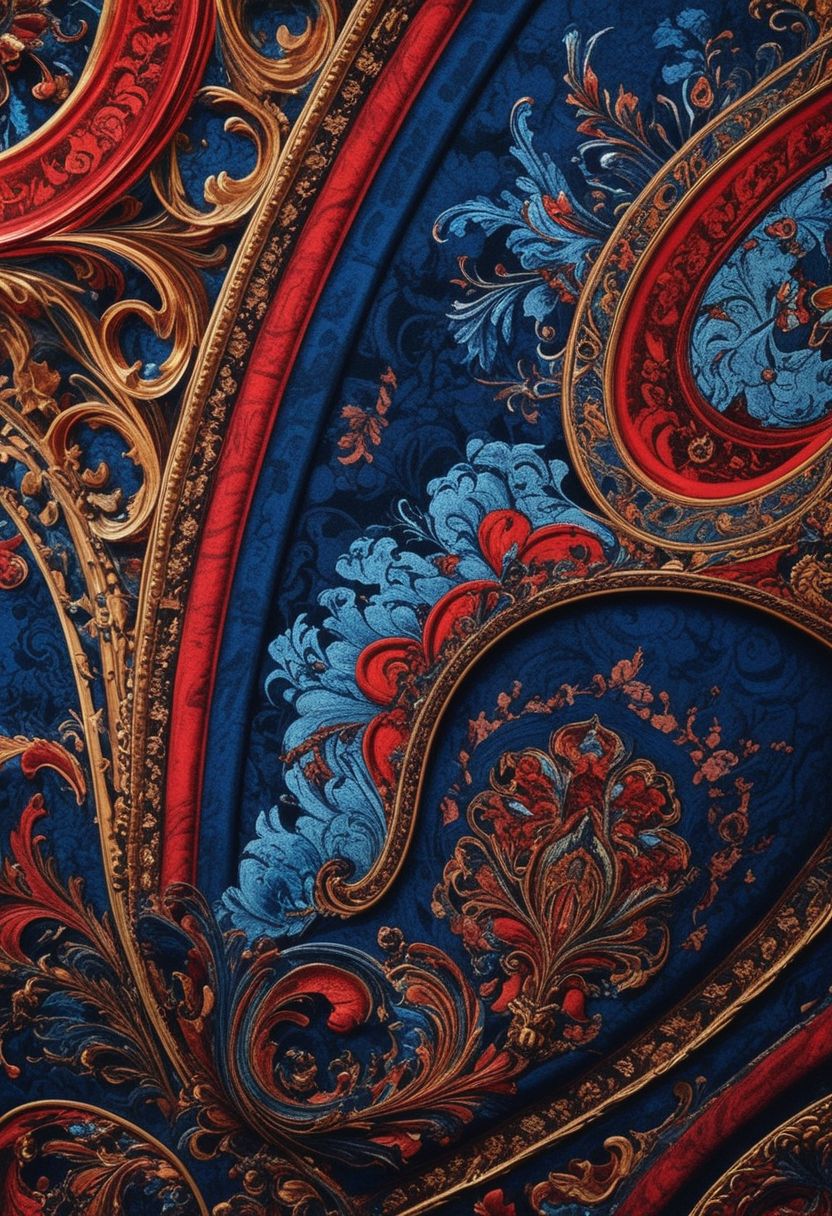 photo of a paisley pattern, official art, aesthetic, dynamic angle, hyper detailed, order and chaos, dark colors, (extremely detailed, intricate details, masterpiece, best quality, 8k wallpaper:1.4), dramatic lighting, (dark blue and madder red palette:1.2), boteh, paisley, navy blue, madder red, almond