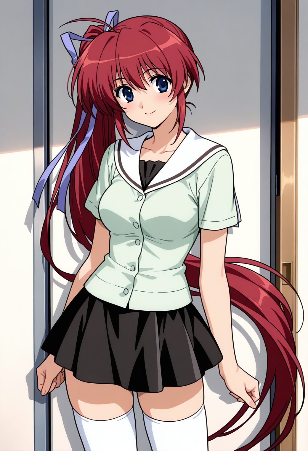 masterpiece, best quality, very aesthetic, absurdres, 1girl, solo,
<lora:takase_mizuki_v01:0.9>, takase_mizuki, mizuki_casual2, red hair, very long hair, ahoge, side ponytail, blue eyes, breasts,
purple hair ribbon, green shirt, white sailor collar, buttons, no_pocket, black tank top, short sleeves, black skirt, plated skirt, zettai ryouiki, white thighhighs, (smile:0.8), posing