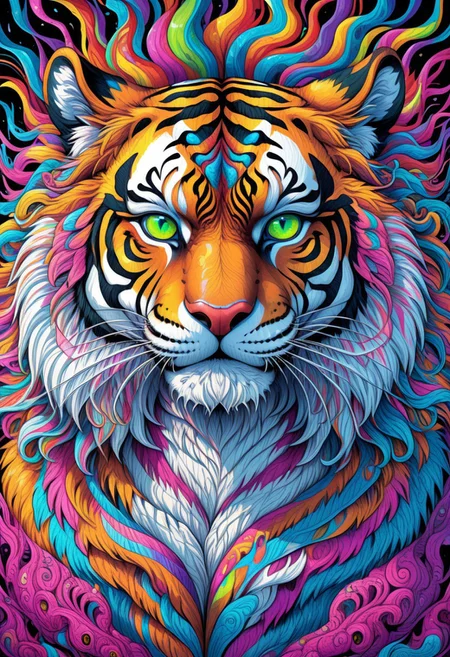 higly detailed, trippy, majestic tiger, colorful, lsd, haigh contrast, wavy fur, liqufy, prismatic