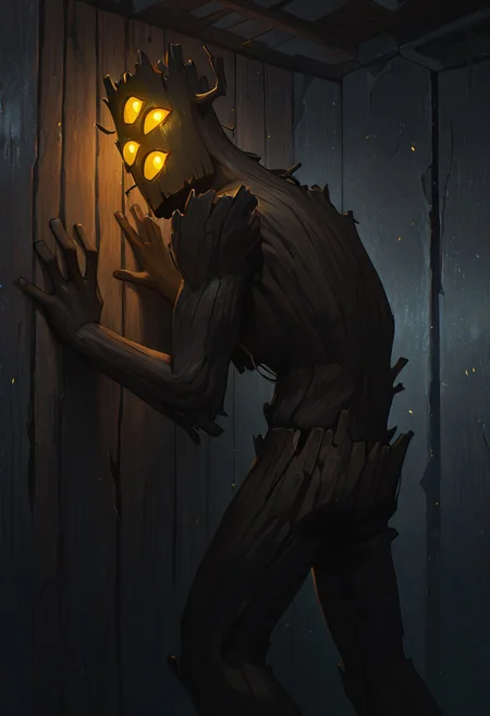 masterpiece, best quality, amazing quality, very aesthetic, absurdres, newest, cinematic, movie scene, foreground blur, 
creaking, no humans, standing, monster, glowing eyes, yellow eyes, solo, 3 eyes, yellow sclera, wooden body,
hands on wall, grey walls, prison, looking back, turning head, hands on walls, hidden hands,