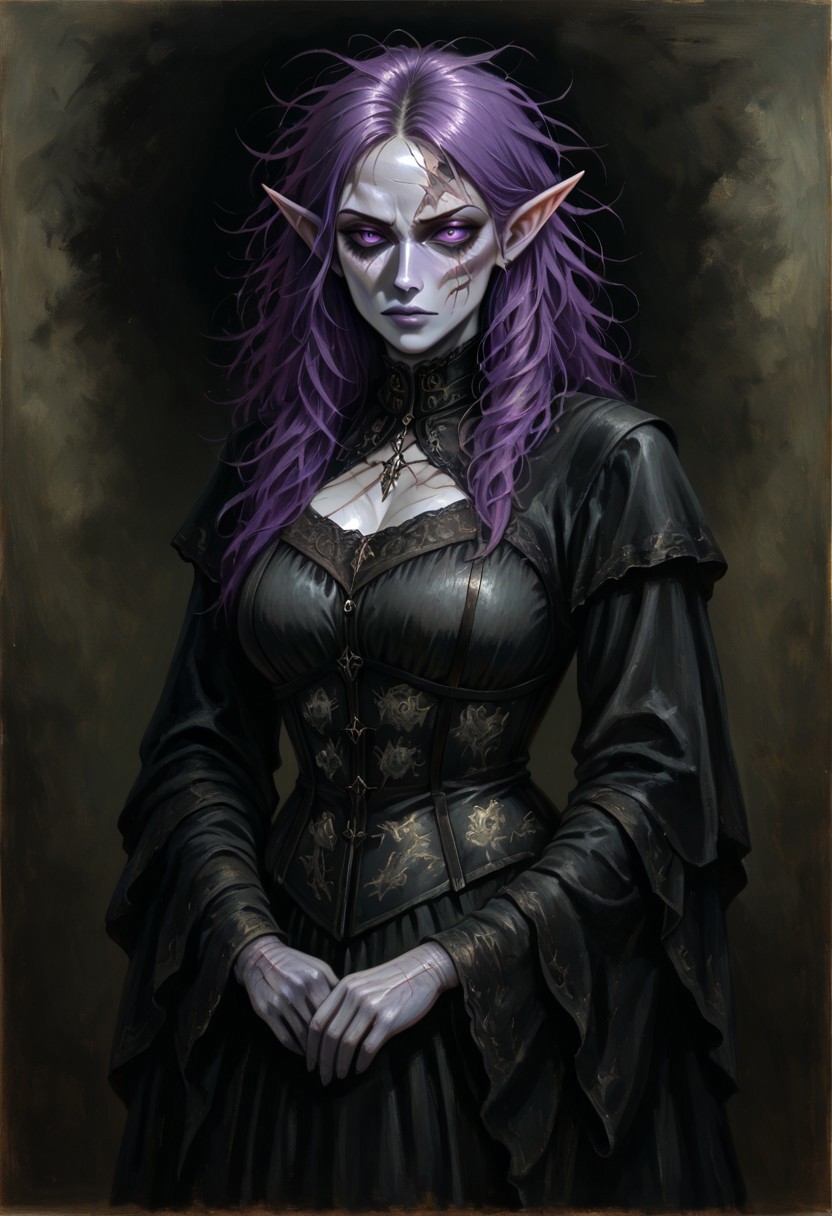 masterpiece, best quality, newest, absurdres, highres, GOTPV1.0, oil painting (medium), 
1girl, goth, gothic, goth fashion, victorian, elf, coreset, messy hair, scar, scars, scar on face, robe, medival, medival clothing, mature, mature female,
Purple hair, Purple eyes, grey skin, colored skin, grey colored skin,