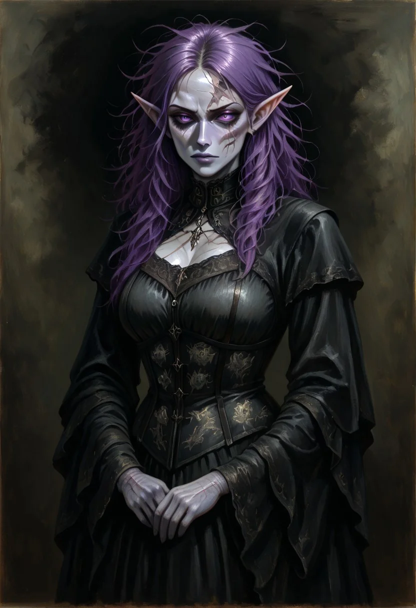 masterpiece, best quality, newest, absurdres, highres, GOTPV1.0, oil painting (medium),
1girl, goth, gothic, goth fashion, victorian, elf, coreset, messy hair, scar, scars, scar on face, robe, medival, medival clothing, mature, mature female,
Purple hair, Purple eyes, grey skin, colored skin, grey colored skin,