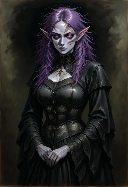 masterpiece, best quality, newest, absurdres, highres, GOTPV1.0, oil painting (medium), 
1girl, goth, gothic, goth fashion, victorian, elf, coreset, messy hair, scar, scars, scar on face, robe, medival, medival clothing, mature, mature female,
Purple hair, Purple eyes, grey skin, colored skin, grey colored skin,