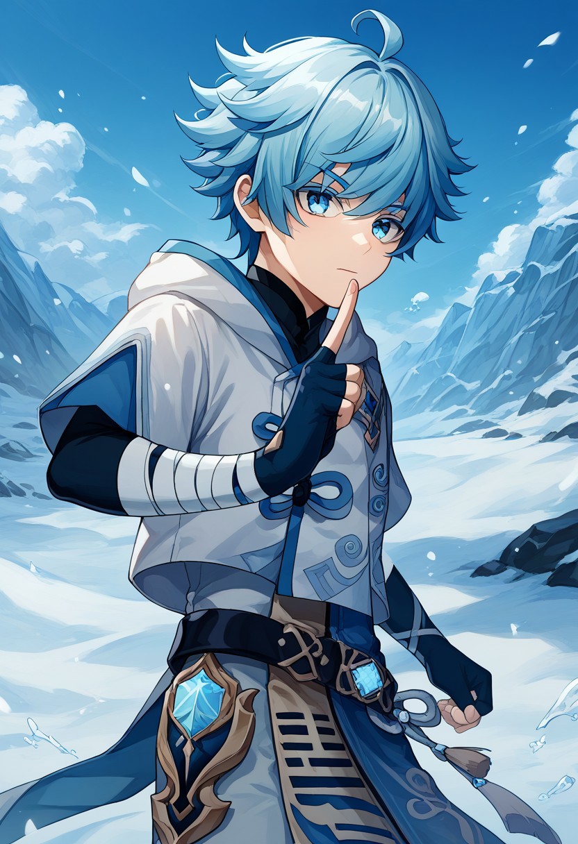 score_9, score_8_up, score_7_up, source_anime, highly detailed, 
Chongyun, 1boy, male focus, solo, light blue hair, short hair, hair between eyes, bangs, ahoge, blue eyes, chinese clothes, jacket, white jacket, hood, shirt, black shirt, short over long sleeves, gloves, black gloves, fingerless gloves, bandages, bandaged arm, vision (genshin impact), pants, index finger raised, fight stance,
outdoor, sky, snow,