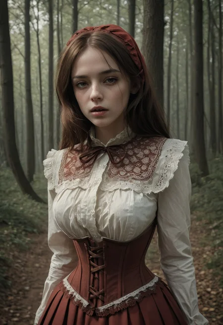 epiCRealism, (masterpiece:1.3), highes quality, High quality photo, Little Red Riding Hood weary in the woods, whita blouse rimmed with lace and underbust corset, dark, chiaroscuro, low-key, RAW photo, subsurface scattering, heavy shadow, (high quality:1.4), (intricate, high detail:1.2), professional photography, realistic, ultra realistic, photorealistic, high resolution, film photography, ambient lighting, atmospheric effects, highly detailed and hyper realistic photo of analog film photo of detailed sharp image