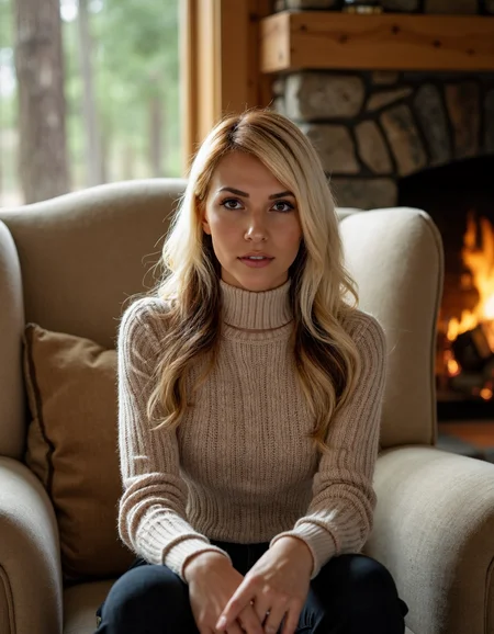 Subject: A blonde woman sitting on a plush, oversized armchair in a cozy, rustic cabin surrounded by towering trees and a crackling fireplace.
Lighting: Warm, golden light from the fire casting a cozy ambiance.
Camera Angle: Eye-level shot, looking straight at the woman's face as she gazes out at the viewer.
Composition Style: Leading lines of the chair and surrounding decor converge to her eyes.
Clothing: High-necked, long-sleeved sweater in soft, earthy tones with a chunky knit pattern.
