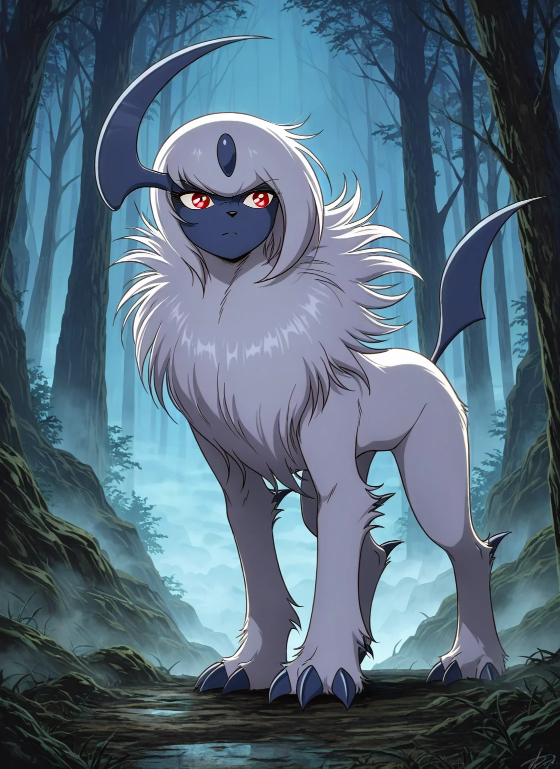 masterpiece, best quality, absurdres, zodikki1, kurumada hair, kurumada eyes, solo, absol, from the side, full body, serious, dark forest, fog, trees, cave entrance