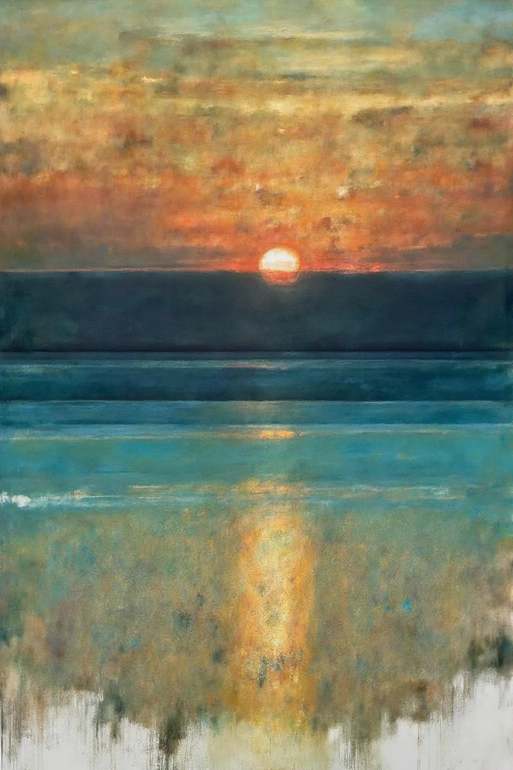 painting. The horizon is centered with the sun setting behind it, casting warm colors in the sky. The sea reflects these colors. The foreground includes abstract textures in teal, gold, and white. <lora:billbate1_cap_d8a4e12:1.0><lora:852809552670767129:0>