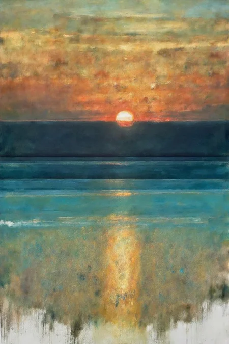 painting. The horizon is centered with the sun setting behind it, casting warm colors in the sky. The sea reflects these colors. The foreground includes abstract textures in teal, gold, and white. <lora:billbate1_cap_d8a4e12:1.0><lora:852809552670767129:0>