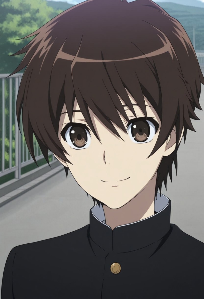 masterpiece,best quality,amazing quality, source_anime,
KoichiSakakibara, 1boy, male focus, solo, brown eyes, brown hair, school uniform, gakuran, jacket, black jacket, buttons, smile, outdoor, portrait,