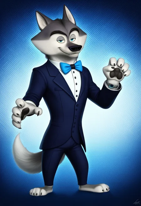 solo, male, score_9, score_7_up, furry, Agent C, wolf, gray fur, blue eyes, half-closed eyes, eyelids, eyebrows, wolf tail, formal wear, tuxedo, pants, silk bow tie, barefoot, looking at viewer, tiny waist, cheek tuft, big snout, short legs, 5 fingers, perfect hands, finger claws, small feet, secret agent pose, dynamic, pattern background, geometric pattern, futuristic background, led lights, dramatic lighting, cgi, masterpiece, extremely detailed, perfect, aesthetic, delicate, realistic, (wristwatch:0.8), blue theme, pawpads