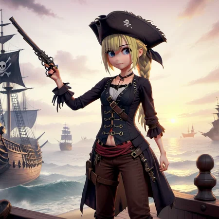 Ayane Amamiya, ((npasto style)) (inkpunk) style illustration of a full body shot, cinematic film still of strybk, a cute teenage female, dressed as a pirate, black tricorn hat, blonde hair, very long hair, long braid, ( sadistic smile:1.1), glint eyes, predatory look, fantasy, holding old pistol, cartoon, sunset, a large pirate ship with a pirate flag in the background, <lora:Ayane_Amamiya:1>, <lora:sdxl_lora_pirate2:1>