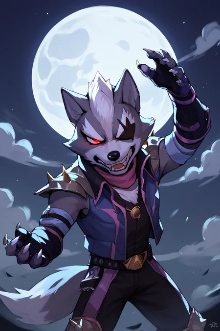score_9, score_8_up, score_7_up, <lora:Wolf_ODonnell:1> wolf o'donnell, glowing eye, eyetatch, dynamic pose, dim lighting, high contrast, full moon, howling