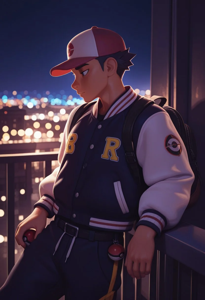 masterpiece, best quality, absurdres, highres, high quality, highly detailed, official art, gloss_(hotglossed), Hoovesart, pixelsketcher, 3d, stylized realism, (bokeh:1.1), no lineart, balcony overlooking an opulent coastal city at night,
1male, solo, detailed face, letterman jacket, oversized jacket, biking pants, side view, leaning on balcony, pokeballs attached to belt slung over shoulder, looking at city, soft lighting on male, rim lighting, backpack, cap