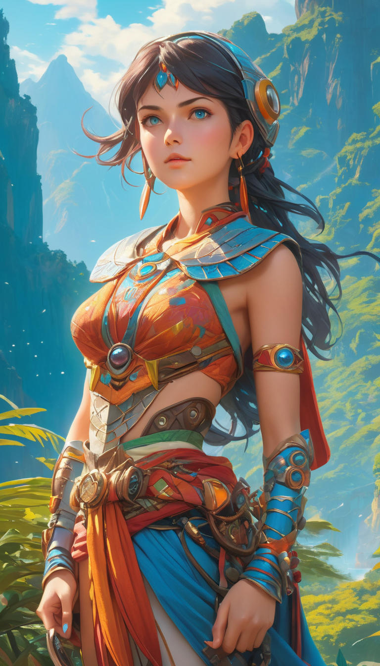 Colorful stunning female adventurer in exotic outfit, adventure, fantasy, science fiction, sci-fi, extremely beautiful piercing eyes, cinematic scene, hero view, action pose, scenery, detailed background, masterpiece, best quality, high quality, intricate, absurdres, very detailed, extremely high resolution, 8k, vivid, colorful, Studio Ghibli, kokurikozaka <lora:studio_ghibli_xl_v1:1>