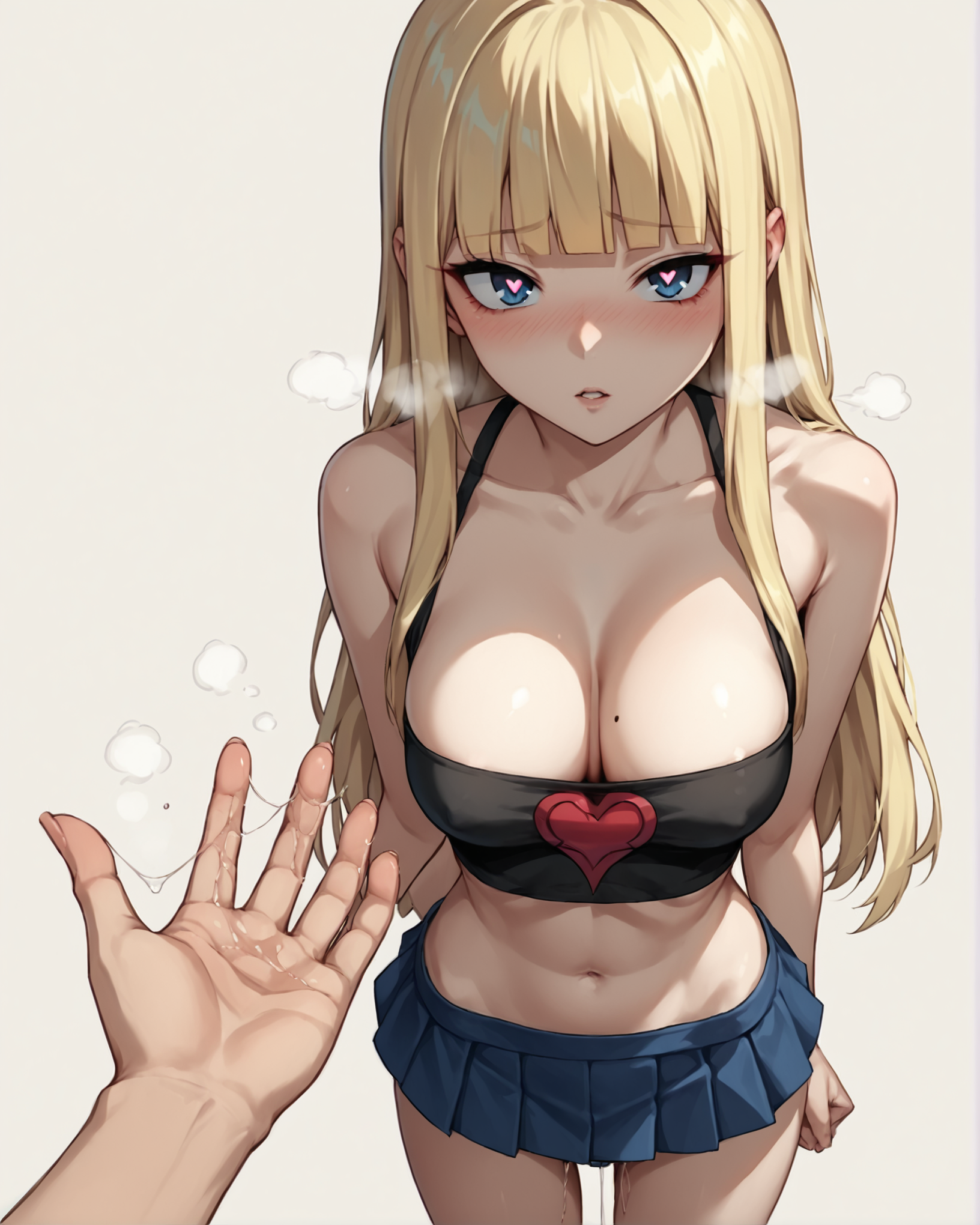 score_9, score_8_up, score_7_up, source_anime BREAK 1girl, blonde hair, looking at viewer, pov, blue eyes, long hair, blunt bangs, blush, hetero, standing, breasts, perky breasts, cleavage, heart-shaped pupils, parted lips, mini skirt, crop top, bare shoulders, simple background, covered navel, lust, aroused, collarbone, pov hand, pussy juice trail, <lora:POV_pussy_juice_on_hand:0.6>, rating_questionable