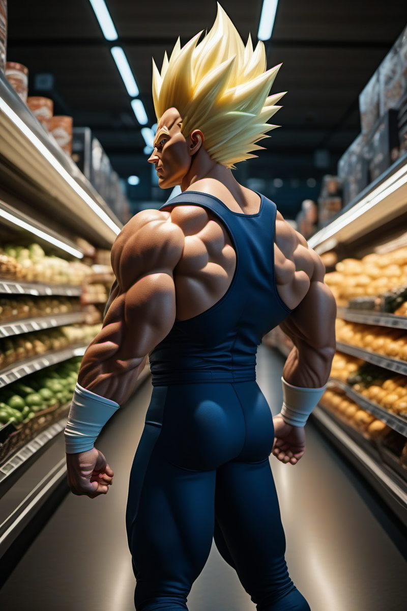 cinematic photo a full body portrait of a muscular man, blond spiked hair, super saiyan, glowing, electricity , solo, shops in a grocery store <lora:Vegeta1024:0.8> . 35mm photograph, film, bokeh, professional, 4k, highly detailed