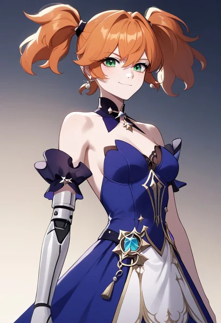 score_9, score_8_up, score_7_up, source_anime,
 solo, gaigebl2, orange hair, twintails, short twintails, single mechanical arm, freckles, medium breasts, green eyes, 
Smirk, 
<lora:gaigebl2-guy-v1PONYXL:1>
dress, <lora:srrobin.pony:1>